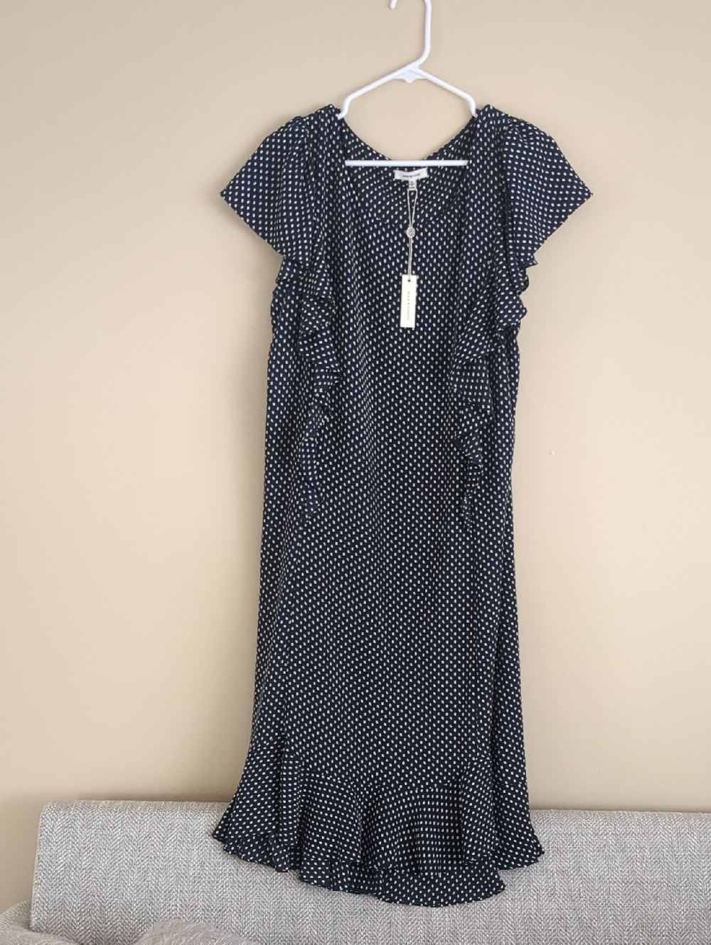 NWT XL Max Studio Ruffle Navy And Cream Polka Dot Dress